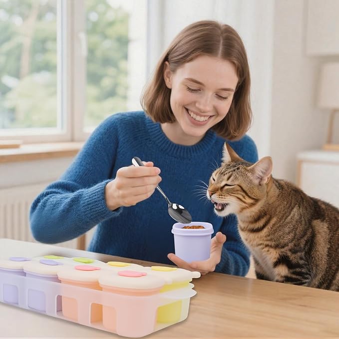 Pet Wet Food Container with Lids for Fridge,8-Pack Farmers Homemade Silicone Dog Food Container with Scoop,1.1oz Each, Keeps Wet Can Food Fresh, Odor-Resistant,Freezer, Microwave & Dishwasher Safe