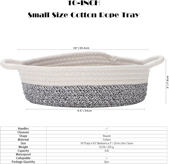 Sea Team 2-Pack Compact Woven Cotton Rope Storage Baskets, Mottled Gray | Knitted Decorative Organizer Bins with Handles, Portable Round Containers for Small Items, Keys, Makeup, Jewelry, Trinkets