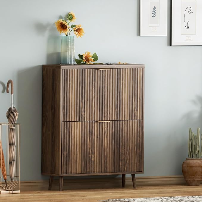 Shoe Cabinet Storage, Modern Freestanding Organizer with 2 Flip Drawers, Narrow Shoe Rack for Entryway, Walnut