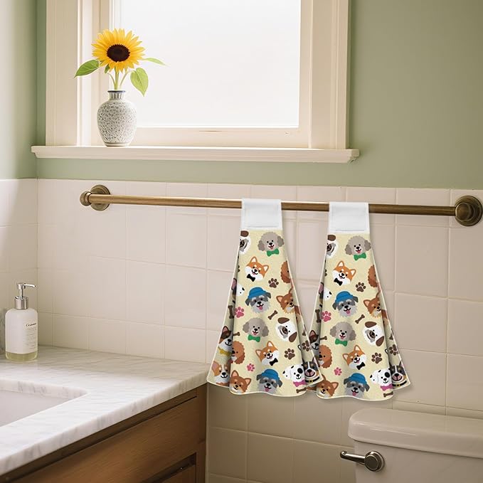 CUTHOLLOW Cute Cartoon Puppy Hanging Kitchen Towels with Loop, Set of 2 - Soft & Super Absorbent Microfiber Decorative Hanging Dish & Hand Towel, Tea, Coffee Towel for Kitchen Bathroom Oven Handle