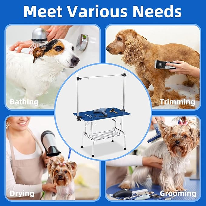 36" Pet Dog Grooming Table, Foldable Stainless Steel Frame Pet Drying Grooming Table Up to 330lbs, Professional Bathing Desk for Dogs at Home with Adjustable Overhead Arms, Noose, Mesh Tray, Blue