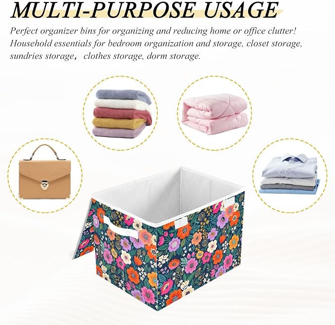 Tropical Flower Storage Bins with Lids Closet Bedroom 40L Fabric Bin | Decorative Storage Boxes, Foldable & Stackable, Dust-Proof Flip Top, Reinforced Handles, For Home & Dorm, Clothes & Toy Box