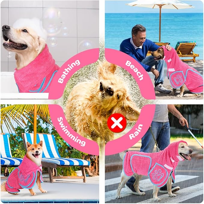 SlowTon Dog Bathrobe Drying Coat – Super Absorbent Microfiber Towel Wrap with Adjustable Collar & Belly Strap, Fast Drying Bath Robe for After Bath Swim, for Large, Medium, Small Dogs (Pink XS)