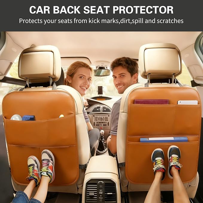 SUTSU Kick Mat Back Seat Protector, Waterproof Leather Car Seat Back Organizers Cover with 3 Storage Pockets for Kids Pets SUV Sedan Minivan Truck Car Travel Accessories (Coffee 2-pack)