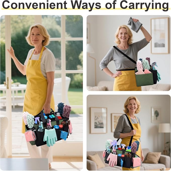 Wearable Large Cleaning Caddy Bag for Housekeepers (Green) | Cleaning Supplies Organizer with Adjustable Shoulder, Waist & Handle Straps, Detailing Bag for Kitchen Supplies