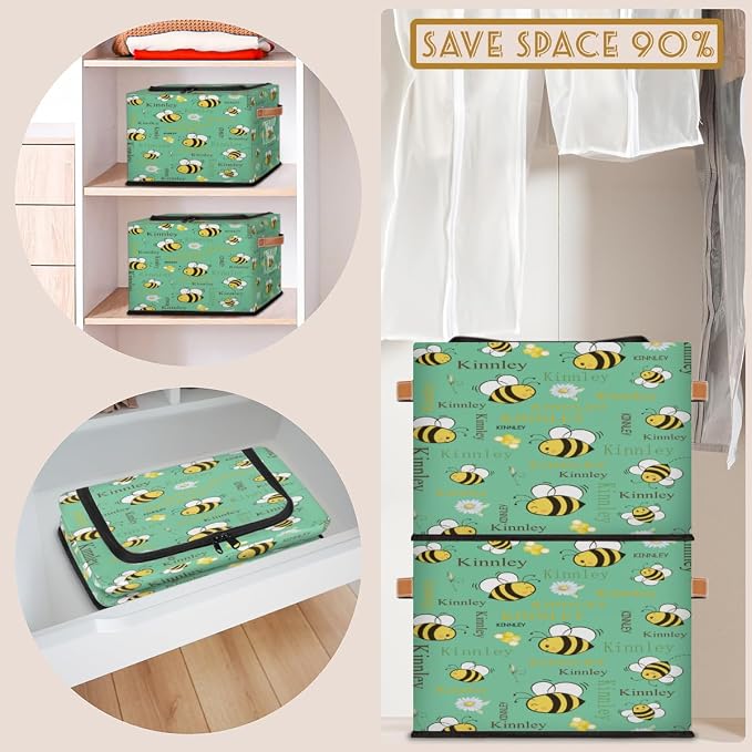 Personalized Black Storage Basket with Name, Mint Green, Bee with Daisy Floral Zipper Lid Laundy Hamper Dirty Clothes Pet Toys Storage Bin with Handles for Shelf Home Closet Kitchen