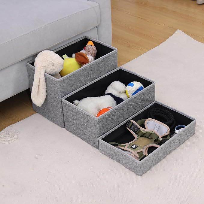 Linen Foldable Dog Stairs with Storage | 3-Step Pet Steps for High Beds & Couch, Non-Slip Dog Ladder for Small & Medium Dogs and Cats, Light Grey