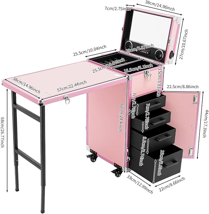 Rolling Manicure Table Makeup Train Case, Portable Nail Table Travel Cosmetic Trolley Storage Organizer Travel Nail Desk Nail Tech Travel Case with 4 Drawers Mirror & Speaker