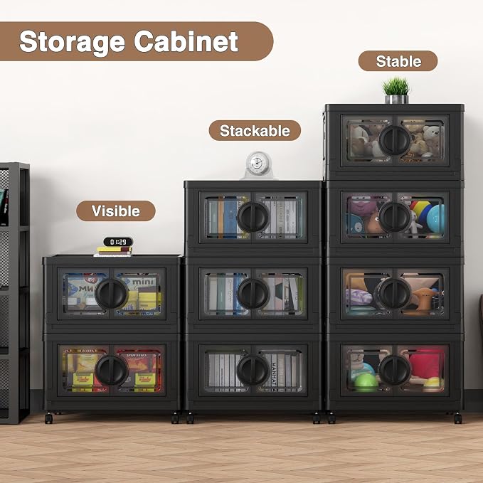 BROVIEW 480Qt Lockable Stackable Storage Bins with Lids, Closet Organizers and Storage Drawer, Collapsible Storage Bin with Wheels, Plastic Cabinet for Toy Clothes Dorm Organizer, V9 4 Pack Black
