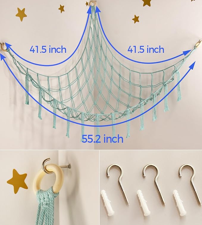 Stuffed Animal Hammock-Large Stuffed Animal Net For Toys Corner-Hanging Stuff Animal Toy Storage Organizer For Plush Plushie Display Light Blue Girl Room Bedroom Boho Nursery Decor Toy Storage