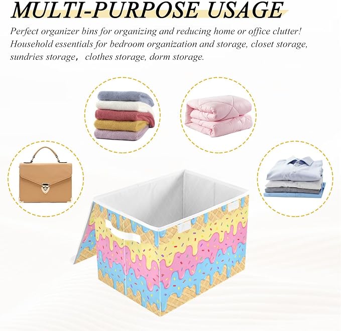 Icecream Waffle Storage Bins with Lids Closet Bedroom 40L Fabric Bin | Decorative Storage Boxes, Foldable & Stackable, Dust-Proof Flip Top, Reinforced Handles, For Home & Dorm, Clothes & Toy Box