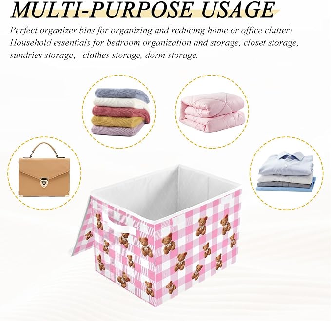 Pink Bear Fabric Storage Bins with Lid Closet Bedroom 40L Fabric Bin | Decorative Storage Boxes, 300D Oxford Cloth, Hollow Board Frame, Flip Top Velcro Lid, 16.5x12.6x11.8 inch, Collapsible Design