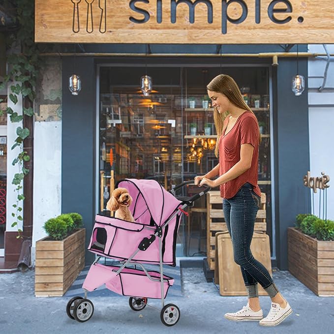 Puppy Stroller, 3 Wheels Pet Dog Cat Stroller, Folding Carrier Waterproof Puppy Stroller with Cup Holder & Removable Liner, Dog Strollers for Small Dogs, for Small and Medium Pets (Pink)