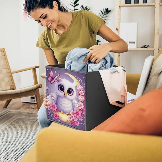 Purple Owl Flower Moon Butterfly Foldable Storage Bins, 10.6" Cube Storage Organizer, Sturdy Oxford Cloth Fabric Baskets for Closet, Shelf, Nursery, Bedroom, Decorative Printed Box for Toys & Clothes