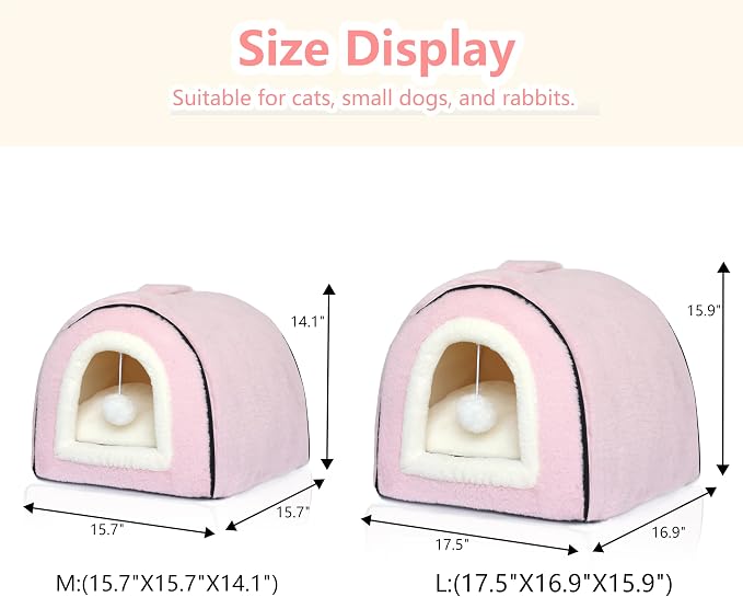 Cat Bed for Indoor Cats,Foldable cat cave,Anti-Slip & Water-Resistant Bottom,cat Houses for Indoor Cats or Small Dogs, Kitten Tent, Rabbit Bed,2 in 1 pet Bed (Pink)