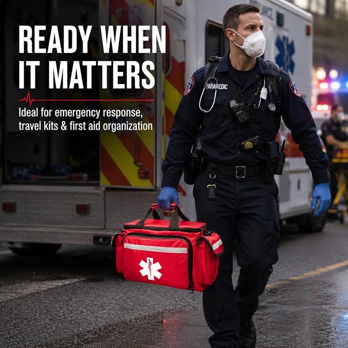 NOVAMEDIC Professional Red Empty Trauma First Aid Medical Bag, 15"x10"x9", Multi Compartment First Responder Carrier for EMT, Paramedics, Emergency and Medical Supplies Kit