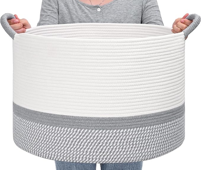 67L Large Blanket Basket, 20"x13" Blanket Basket Living Room, Woven Baskets With Handle, Toy Baskets for Blankets, Nursery, Dog, Pillow, Gift (White & Light Grey)