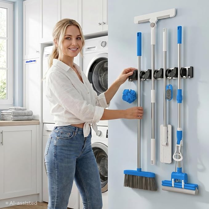 Holikme Mop Broom Holder Wall Mount Metal Pantry Organization and Storage Garden Kitchen Tool Organizer Wall Hanger for Home Goods (4 Positions with 4 Hooks, Black)