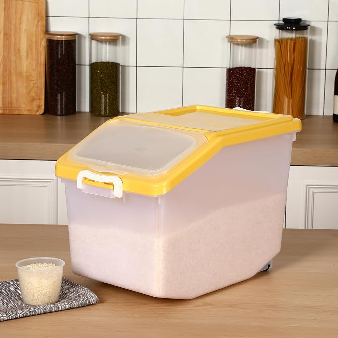 Sunnyray 4 Pcs Rice Storage Container Bulk 27.6 lb Airtight Flour Container with Wheels and Lids Measuring Cup Clear Pet Food Dog Birds Cat Food Bin Grain Cereal Organizer Box(Yellow)