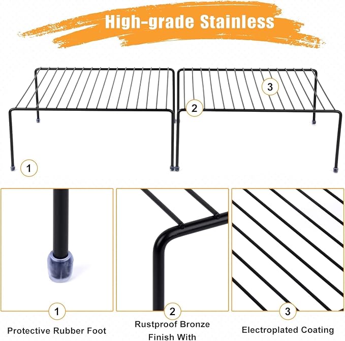 MEDIUM (13.1 x 10.2 INCH) CABINET STORAGE SHELF RACK, Cabinet and Fridge Shelf, Storage Rack Organizer for Cabinet, Bathroom Cupboard and Pantry (2, Black)