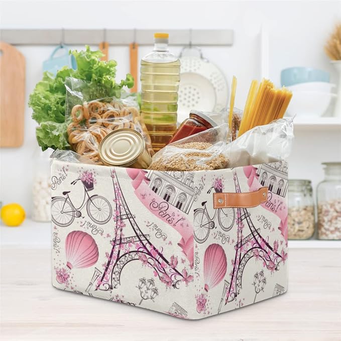 Storage Basket Floral Paris Eiffel Tower, Large Foldable Organizer Storage Bins for Shelves, Sturdy Canvas Cubes Storage Boxes with Handles for Toys Closet Nursery Office Living Room 15" x 11" x 9.5"