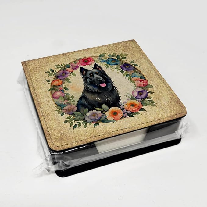 Caroline's Treasures Belgian Sheepdog and Flowers PU Leather Note Paper Holder with Artist-Designed Cover, Desk Accessory, Office Gift