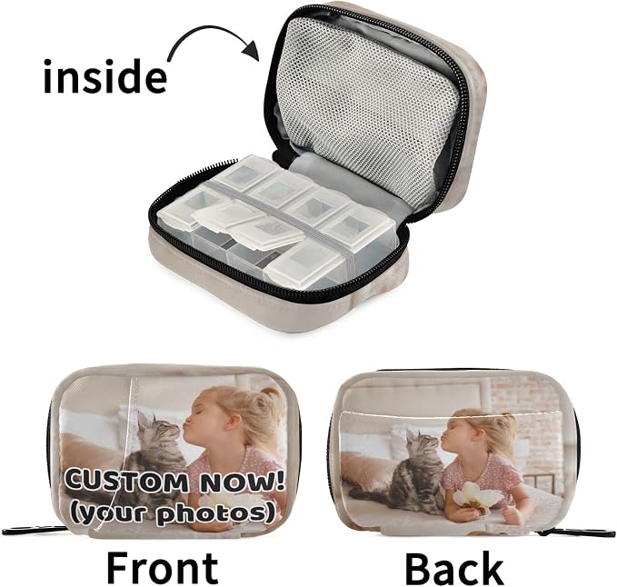 Custom Pill Bag with Photo Pill Box 7 Day Pill Case Travel Pill Organizer Bag with Zipper Portable Weekly Case Compact Size for Vitamin Supplement Holder