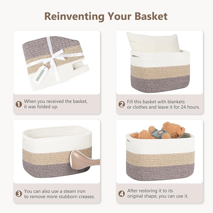 ECDYQXVU 15x10x9 Woven Cotton Rope Storage Basket, Leather Handles 2 Pack | Foldable Design, Sturdy PU Handles, Easy to Clean Organizer for Living Room, Closet, Shelves, Bedroom, Laundry, Clothes