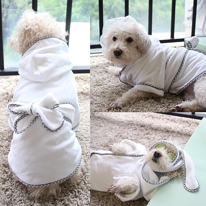 Dog Bathrobe, Microfiber Fast Drying Absorbent Hooded Bath Towel White for Puppy Small Medium Large Dog Cat (2XL, White)