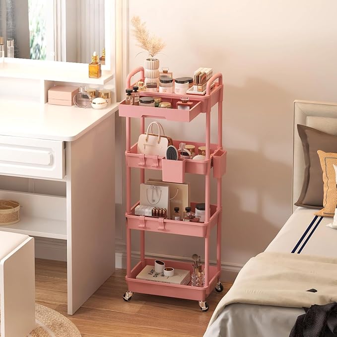 4 Tier Rolling Utility Cart with Drawer, Plastic Storage Organizer Rolling Carts with Wheels Handles Hanging Cups Hooks for Office, Bathroom, Kitchen,Craft Art Room (Pink)