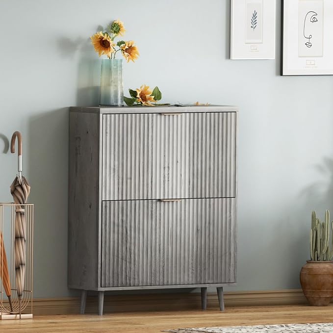 Shoe Cabinet Storage,Modern Freestanding Organizer with 2 Flip Drawers,Narrow Shoe Rack Cabinet for Entryway,Grey