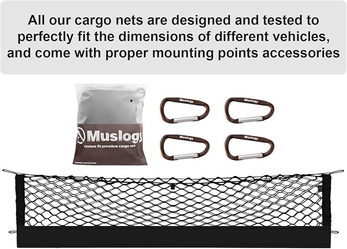 Muslogy Cargo Net for 2018-2023 Chevy Traverse Accessories | Custom Fit, Trunk Storage Organizer Net for SUV Sedan Van Divider, with Heavy Duty Carabiners, Night Visible Grab Handle