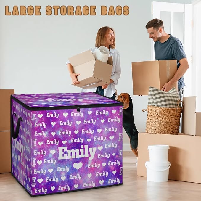 Custom Storage Baskets Cubes for Home with Name, Love Heart Large Foldable Organizer Collapsible Storage Bins for Home Blanket Comforters Clothes Closet Nursery, Watercolor Purple Galaxy Background