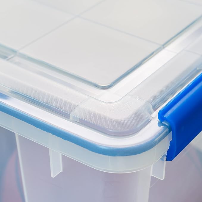 IRIS USA 3-Pack 74 Qt Storage Bins with Gasket Lids, Clear/Blue | WeatherPro seal helps protect bulky items for moving, garage, attic and basement storage