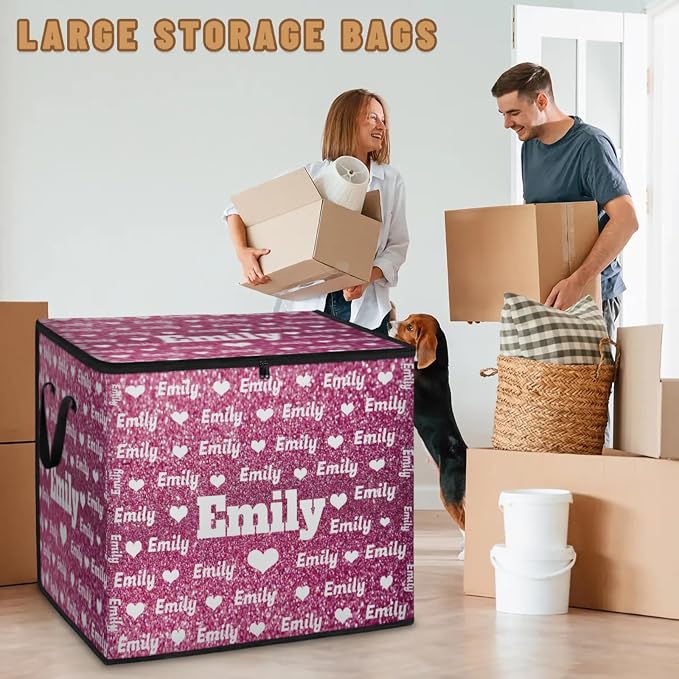 Personalized Storage Bins with Lid, Customized Name Jumbo Storage Basket Rectangle Clothes Organizer for Organizing Kids and Pets Toys Shelf Closet, Pink Bling Glitters with Love Hearts