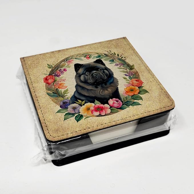 Caroline's Treasures Black Chow Chow and Flowers PU Leather Note Paper Holder with Artist-Designed Cover, Desk Accessory, Office Gift