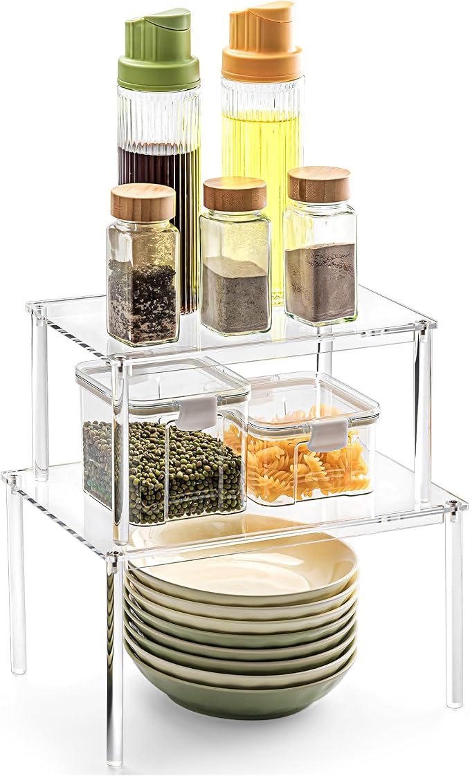 Acrylic Cabinet Organizer Set of 2, Stackable Spice Rack for Kitchen | Clear Shelf Organizer for Pantry, Cabinets, Countertops and Desks, Stackable Design Perfect for Spices and Small Items