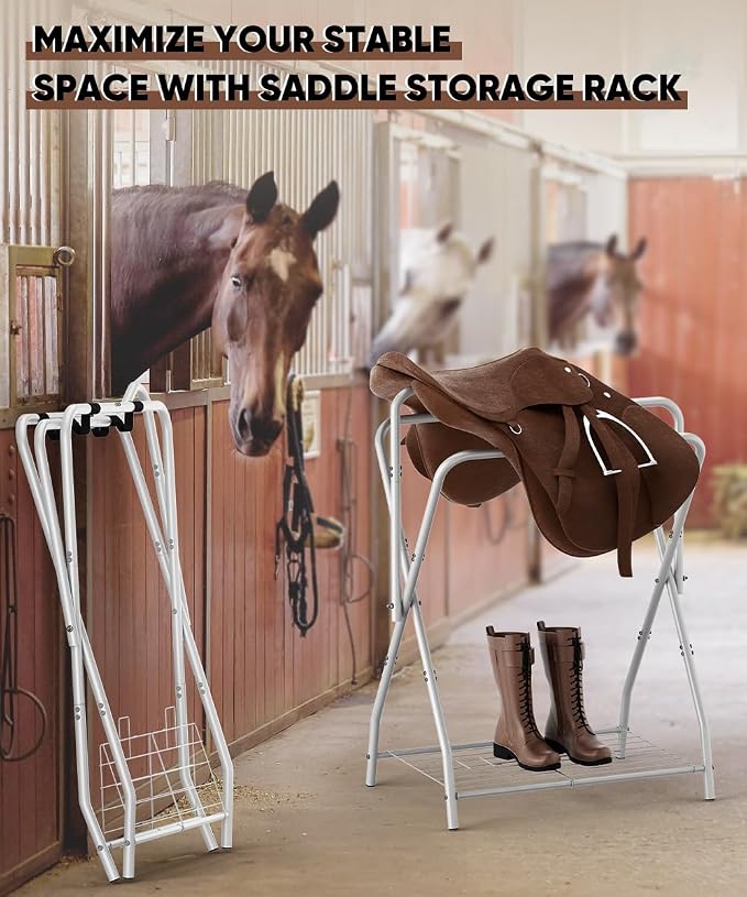 Queension Foldable Saddle Rack with Bottom Storage for Horse Stable, White | Portable Horse Saddle Stand for English & Western Saddles, Saddle Pad Rack for Horse tack, Horses Blanket