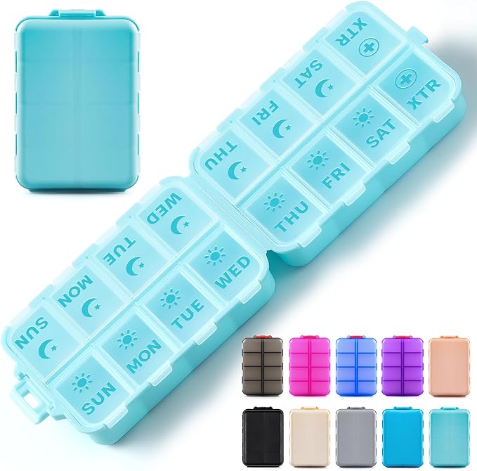 Foldable Weekly Pill Organizer 2 Times a Day with 2 Extra Compartments - Etched Labels - Portable 7 Day AM PM Medicine Box, Week Daily Travel Pill Case Holder for Vitamin, Supplement -Sky Blue