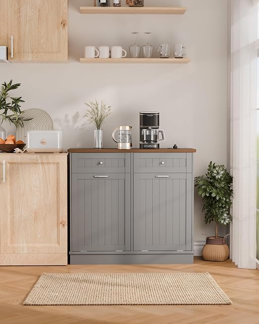 Betterhood Double Tilt Out Trash Cabinet with Power Outlet & USB, Hidden Garbage Can Holder with 2 Storage Drawers, Wooden Laundry Hamper for Kitchen, Bathroom, Living Room, Grey