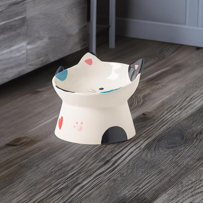 Cute Ceramic Raised Cat Bowls Elevated Design, 15° Tilted FeederProtect Cat's Spine Anti Vomiting Blow for Flat Faced Cats, Kitten Small Dogs,Raise Tilted Cat Food Bowld Pet Dishes(Black)