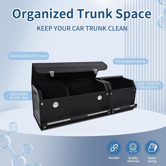 Leather Car Trunk Organizer SUV Trunk Organizer Car Trunk Storage Organizer | Large Trunk Organizer with Lid and Sturdy Handle Car Cargo Storage Box (Black, 41 x 11.4 x 12.2in)