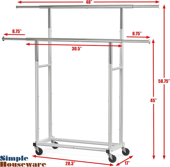 Simple Houseware Standard Double Rods Clothing Garment Hanging Rack, Silver | Extendable Width from 30.5 to 48 Inches