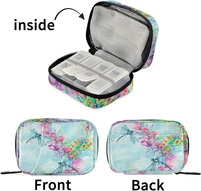 Pill Case 7 Day Pill Organizer Watercolor Dragonfly Travel Pill Case Portable Weekly Pill Box Bag Container Vitamin Supplement Holder with Zipper for Family Business