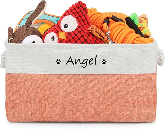 Personalized Dog Toy Storage Basket Bin Collapsible Customized Pet's Name Storage Box Organizer for for Dog Toys, Clothing, Apparel & Accessories (Orange, S)