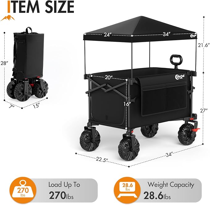 Portal 350L Collapsible Wagon Cart with Removable Canopy, 270LB Cart Black | Collapsible Wagon Cart with Removable Canopy Folding with Rear Door for Pet, Camping, Beach, Sports and Outdoor Adventures