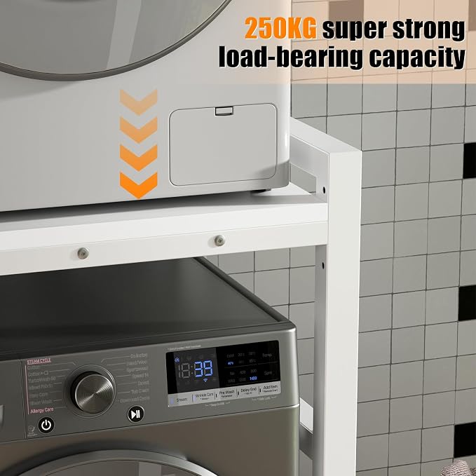 Washer Dryer Stacking Rack, 550lbs Capacity Heavy Duty Washing Machine Storage Utility Rack with Countertop, Height Adjustable Washing Machine Shelf for Laundry Rooms Bathrooms (B)