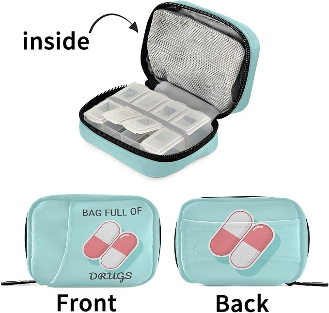 Naanle Medical Pills Pill Box 7 Day Case Bag Travel Organizer with Zipper Portable Weekly Compact Size for Vitamin Supplement Holder A Cartoon Blue White 4.6 x 3.14 x 1.88 Inch, 1.0 Count
