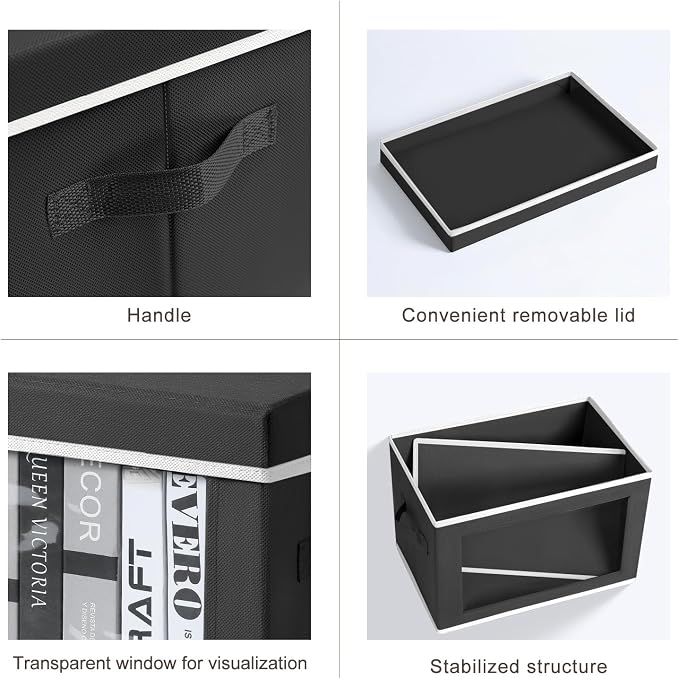 Storage Boxes with Lids - 3 Pack Fabric Clear Window Storage Bins, Collapsible Storage Bins with Lids, Linen Closet Organizer for Clothes, Towel, Blanket, Black