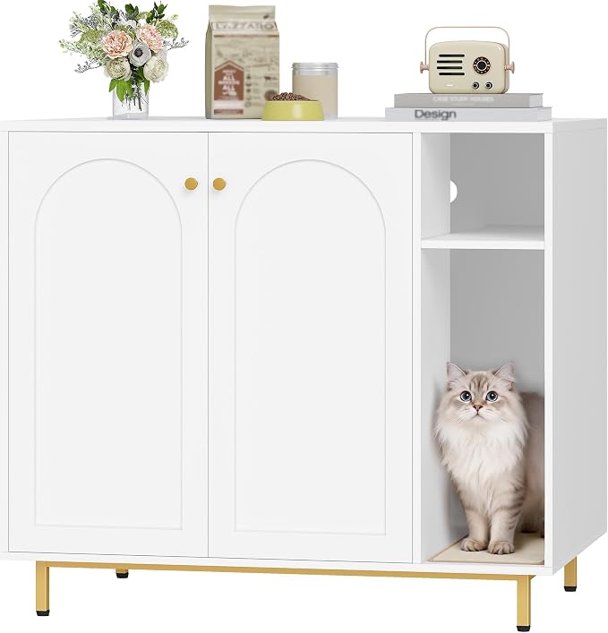 Hzuaneri Large Cat Litter Box Enclosure, Automatic Litter Box Furniture | Wooden Self-Cleaning Cat Cabinet with Storage & Scratch Pad, Modern Cat Washroom, End Table, White and Gold CB87103G